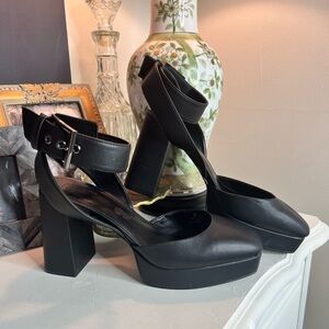 DKNY Black Platform Block Heel Ankle Strap Pumps